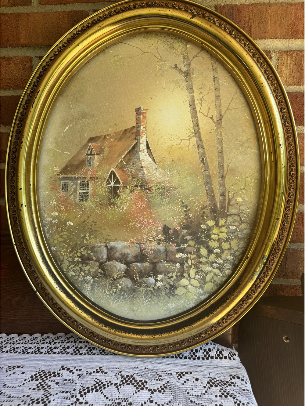 Vintage Oval Gold Tone Frame with Cottage Landscape Painting